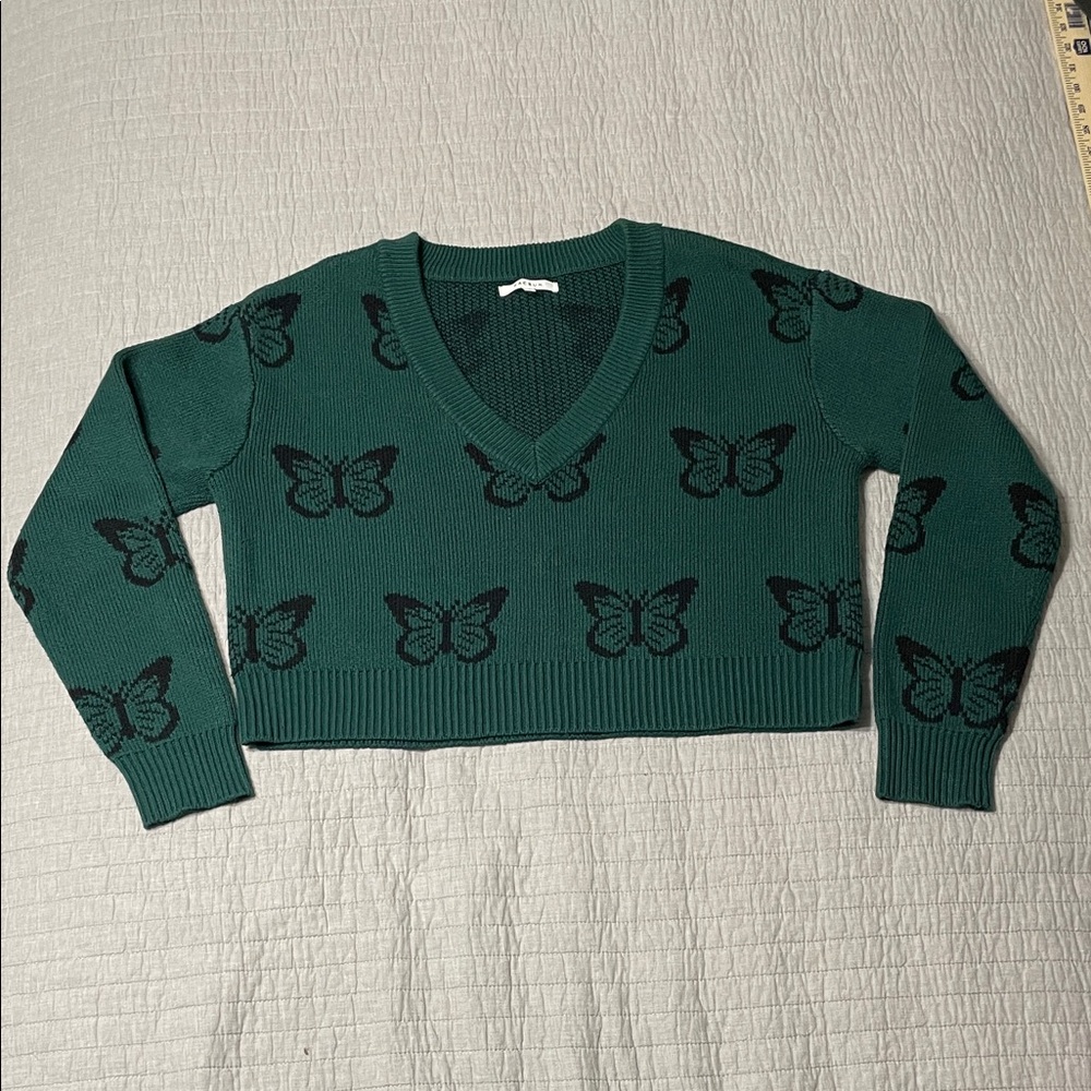 PacSun Cropped V Neck Green Butterfly Patterned Women's M Sweater Layers Casual